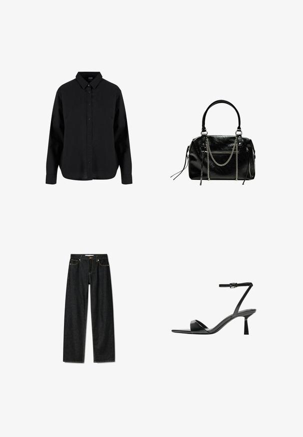 Black long-sleeve button-up shirt made of cotton, featuring a classic collar, front buttons, and a relaxed fit with a curved hem.; Dark denim jeans with a straight-cut design, brass button closure, and contrasting yellow stitching. Features five pockets and a classic fit.; Bershka High heeled sandals - black; Bershka WITH CHAIN - Handbag - black