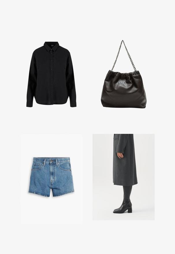 Camicia nera a maniche lunghe con bottoni, realizzata in cotone, caratterizzata da un colletto classico, bottoni frontali e una vestibilità rilassata con orlo curvo.; Shorts in denim blu chiaro, con cinque tasche, chiusura a zip e bottone. L'orlo è sfilacciato e presenta un design a vestibilità rilassata.; Cappotto grigio su misura con taglio dritto; abbinato a stivali in pelle nera al ginocchio con punta quadrata e tacco grosso.; Borsa in pelle marrone con parte superiore arricciata e tracolla a catena. Texture liscia con finitura lucida e dettagli di cucitura sottili sui lati.