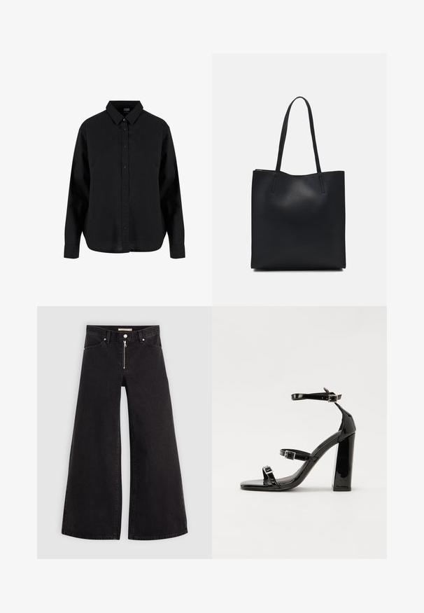 Camisa de botón negra de manga larga hecha de algodón, con un cuello clásico, botones en la parte frontal, y un corte relajado con un dobladillo curvado.; Jeans de pierna ancha en denim negro con cierre frontal, diseño de cinco bolsillos y detalles de costura sutiles. Textura suave y estilo casual.; Sandalias de tacón de charol negro con punta cuadrada, correas en el tobillo y hebillas plateadas. Presentan un tacón grueso para mayor estabilidad.; Bolso tote de cuero negro con textura lisa, forma rectangular y dos asas largas. Sin herrajes ni adornos visibles.