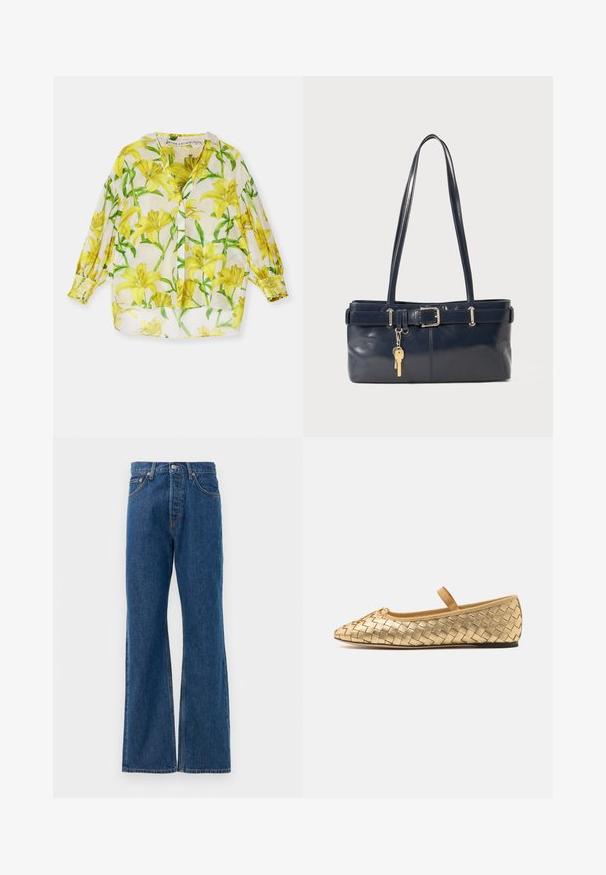 Alice + Olivia MAYLIN - Hemdbluse - stargazer; Helles blaues Polohemd mit kurzen Ärmeln, einer gerippten Textur, einem flachen Kragen und einer Vorderleiste mit sechs passenden Knöpfen.; Blaue, ausgestellte Jeans aus Denim mit hoher Taille, fünf Taschen, silbernem Knopfverschluss und sichtbaren Nähten.; Loeffler Randall LEONIE SOFT BALLET FLAT - Riemchenballerina - gold; Marineblaue Lederhandtasche mit zwei langen Griffen, einer Schnallen-Detailierung und einem daran befestigten Schlüsselanhänger. Besitzt eine glatte Textur und eine rechteckige Form.