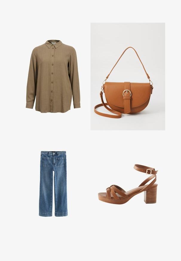 Object Nööpidega pluus - morel; Heledad helesin sinised teksad, laiade jalgade disainiga, ees nööbi ja lukuga kinnitamisega, kahe ees ja kahe taga taskuga, trendika kummist ääristusega.; Next Platvormsandaalid - tan brown; Pruun nahast õlakott, millel on kumer kuju, kullavärvi riistvara ja pandlaga kaunistus. Omab eemaldatavat õlarihma.