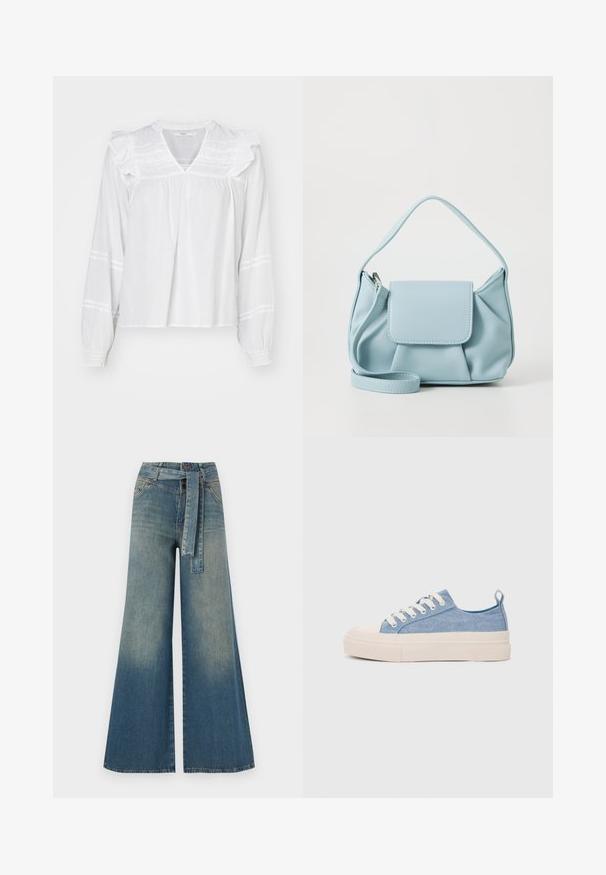 Weißbluse mit langen Ärmeln und Rüschendetails an den Schultern, V-Ausschnitt und gerafften Manschetten. Mit horizontalen Streifen entlang der Ärmel.; Weit geschnittene Denim-Hosen mit einem Farbverlauf von hellblau zu dunkelblau, hoher Taille, Gürtelschlaufen und einem passenden Stoffgürtel. Strukturierte Denim-Oberfläche.; Helleblaue Leinensneaker mit einer cremefarbenen Gummikappe und Außensohle, ausgestattet mit weißen Schnürsenkeln und einer Zuglasche an der Ferse.; Hellblaues Lederhandtasche mit einem oberen Griff, einer vorderen Klappen-Tasche und einem abnehmbaren Handgelenkriemen auf einem weißen Hintergrund.