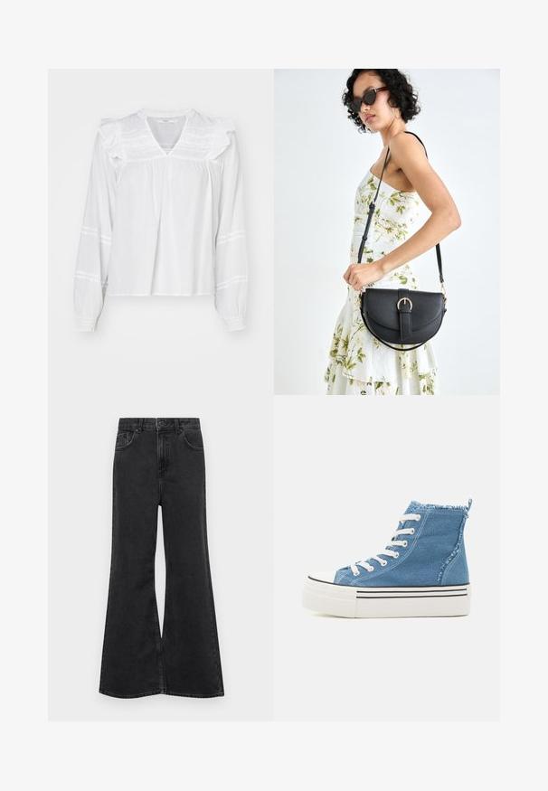 Balta garā piedurkne blūze ar ruffles uz pleciem, V veida kakla izgriezumu un savilktām aprocēm. Piedurkņu daļā ir horizontālas svītras.; Melnas denima plaša kaismēru džinsi ar augstu vidukli, pieciem kabatām, maiga šuvuma detaļām un pogu aizdari priekšpusē.; Augstpapēžu tenisi, izgatavoti no gaiši zilas denima ar baltām mežģīnēm. Iespējas ietver balto platformu ar melnām svītrām un nolietotu potītes apkakli.; Melnas ādas rokassoma ar izliekta formu, noņemamu siksnu un zelta aksesuāriem. Somai ir vāciņš ar sprādzes detaļu.