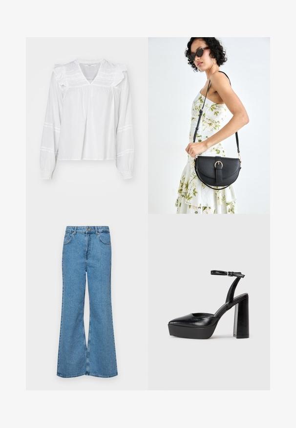 White long-sleeve blouse with ruffle details on shoulders, a V-neckline, and gathered cuffs. Features horizontal striping along sleeves.; Light blue flared jeans made of denim, featuring a high waist, five pockets, and a single button closure. Soft texture with faded finish.; Black platform heels with a pointed toe and adjustable ankle strap. Constructed from smooth leather, featuring a chunky block heel.; Black leather handbag with a curved shape, detachable strap, and gold hardware. The bag features a flap with a buckle detail.