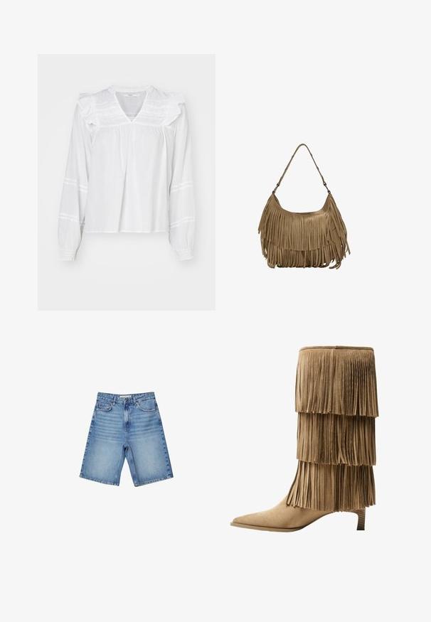 Weißbluse mit langen Ärmeln und Rüschendetails an den Schultern, V-Ausschnitt und gerafften Manschetten. Mit horizontalen Streifen entlang der Ärmel.; Denimshorts in Hellblau mit klassischem Five-Pocket-Design, Reißverschluss und subtilen Ausbleichungen. Gerader Schnitt mit gesäumten Kanten.; Fransen-Stiefelette aus taupefarbenem Wildleder mit drei Lagen Fransen. Spitz zulaufende Zehenpartie und ein niedriger Blockabsatz. Durchgehend glatte Oberfläche.; Braune Wildleder-Handtasche mit langen Fransen, einer geschwungenen Form und einem einzelnen Schultergurt. Verfügt über eine glatte, strukturierte Oberfläche.