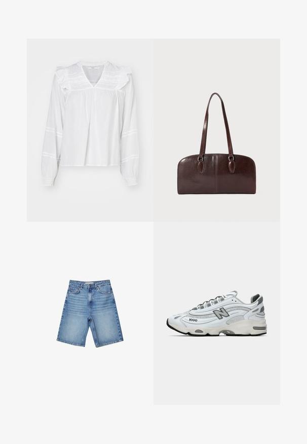Bela bluza z dolgimi rokavi z nabranimi detajli na ramilih, V-izrezom in nabranimi manšetami. Ima vodoravne črte vzdolž rokavov.; Denimske kratke hlače svetlo modre barve, s klasičnim pet-pocket dizajnom, zadrgo na sprednji strani in rahlim zbledanjem. Ravno krojene s obrobljenimi robovi.; Beli športni copat z sivimi akcenti, mrežastimi in sintetičnimi materiali, valovitim dizajnom, podloženim ovratnikom in gumijastim podplatom s črnim profilom.; Rjava usnjena torbica z dvema dolgima ročajema, strukturirano pravokotno obliko, gladko teksturo in zaobljenimi robovi. Ima dodatne podrobnosti na ročajih.