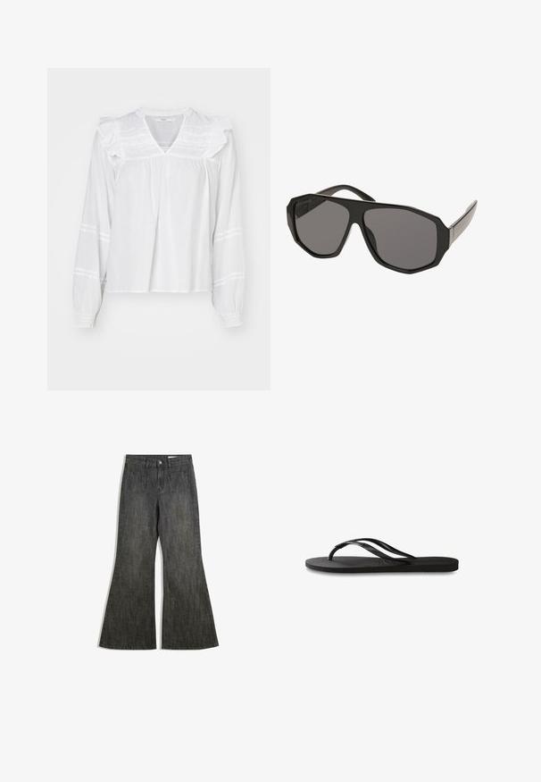 Fehér, hosszú ujjú blúz, amelynek vállán fodros részletek találhatók, V kivágással és redőzött mandzsettákkal. Az ujjain vízszintes csíkos minta található.; Fekete, harangszárú farmernadrág magas derékkal, két elülső és két hátsó zsebbel, texturált denim anyagból készült.; Fekete papucs texturált gumitalppal, két vékony pánttal és finom, domború logóval a pánton.; Fekete, oversize napszemüveg, nyolcszögletű kerettel, szürke árnyalatú lencsékkel és sima műanyag szárakkal. Fém díszítések a pántoknál.; Fekete textúrájú bőr kézitáska ezüst szegecsekkel a felső élen és a fogantyúkon, rövid fogantyúval és leválasztható pánttal.