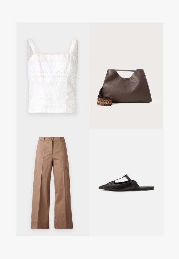 Biela bavlnená tielko s tenkými ramienkami, zdobené vyšívanými vzormi a výrezmi. Hladká textúra, priliehavý strih.; Hnedé nohavice s širokými nohavicami vyrobené z hladkej látky, s predným zapínaním na gombík, dvoma prednými vreckami a čistými, precízne vykrojenými líniami.; Čierne kožené sandále so špičatou špičkou, ktoré majú tkaný detail a zborený dizajn vrchnej časti. Plochá podrážka s minimálnym hardvérom.; Hnedá kožená kabelka s textúrovaným povrchom, ostrým dizajnom a charakteristickou hornou rúčkou. Obsahuje detail so vzorovaným tkaným pásikom.