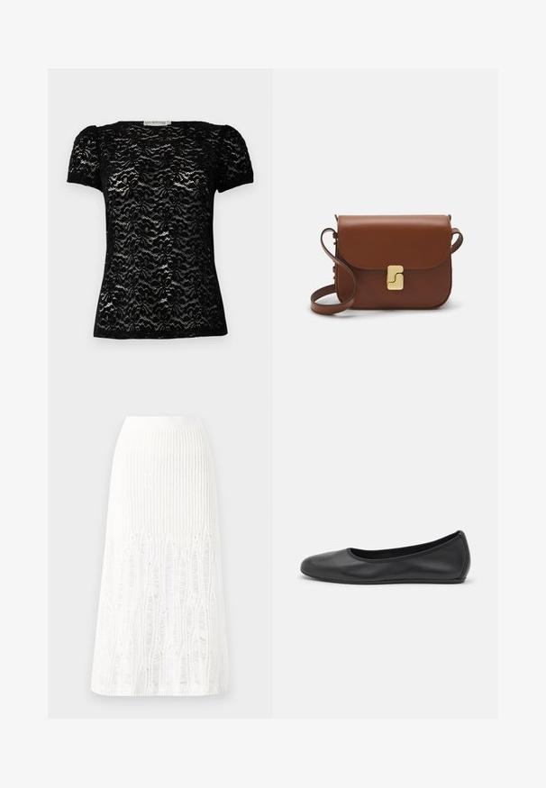 Crna čipkana majica kratkih rukava s cvjetnim uzorkom, okruglim izrezom i lagano napuhanim rukavima. Glatka tekstura s suosjednim oblikom.; Pleteni bijeli midi suknja s teksturiranim uzorkom sa vertikalnim linijama i izrezanim detaljima blizu rubova. Elastična visoka struk. Mekani materijal.; Crne kožne baletanke s zaobljenim vrhom, glatke teksture, minimalnim detaljima šavova i fleksibilnim dizajnom potplata.; Smeđa kožna torba s preklopom, zlatnim detaljima, remenom za nošenje preko ramena i glatkom teksturom. Kompaktni pravokutni oblik.