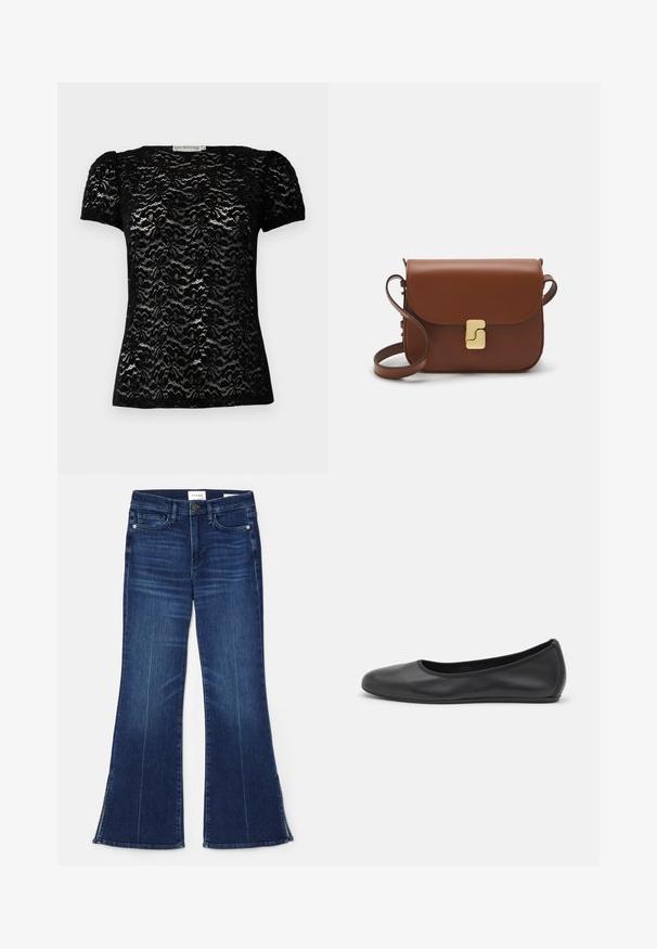 Czarna koronkowa bluzka z krótkim rękawem z kwiatowym wzorem, okrągłym dekoltem i lekko bufkami. Gładka tekstura o dopasowanym kroju.; Ciemnoniebieskie dżinsy z rozszerzanymi nogawkami, wykonane z denimu. Posiadają wysoki stan, przednie kieszenie i rozcięcia na dole nogawek. Klasyczny pięciokieszeniowy fason.; Czarne skórzane baletki z zaokrąglonym noskiem, gładką fakturą, minimalnymi przeszyciami i elastycznym designem podeszwy.; Brązowa skórzana torebka na ramię z klapką, złotymi detalami, paskiem na ramię i gładką teksturą. Kompaktowy prostokątny kształt.
