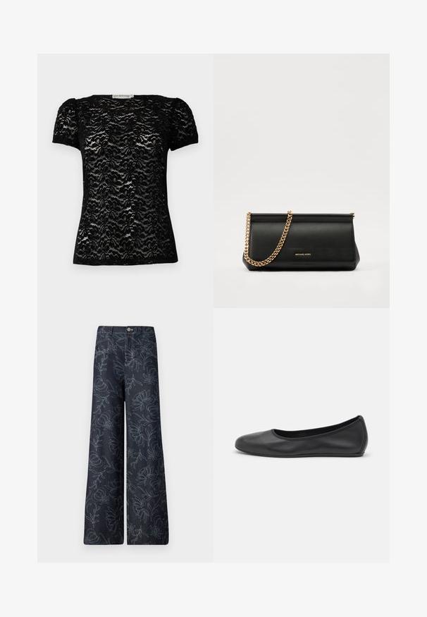 Top corto in pizzo nero con maniche a breve, caratterizzato da un motivo floreale, scollatura rotonda e maniche leggermente gonfie. Texture liscia con una forma aderente.; Pantaloni larghi in denim scuro con un motivo floreale ricamato in azzurro. Design classico a cinque tasche con chiusura frontale a bottone.; Pantofole da balletto nere in pelle con punta arrotondata, texture liscia, dettagli di cucitura minimi e design con suola flessibile.; Clutch bag in pelle nera con tracolla in catena dorata, caratterizzato da una superficie liscia, forma rettangolare e branding in rilievo sul davanti.