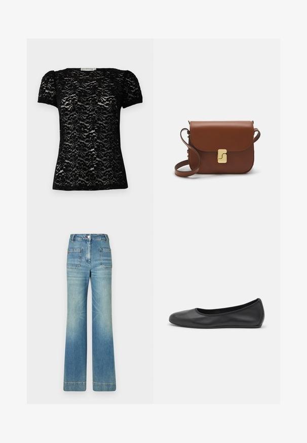 Melnas mežģīņu īsām piedurknēm tops ar ziedu rakstu, apaļo dekoltē un nedaudz pūkām. Gluda tekstūra ar pieguļošu formu.; Gaiši zili džinsi ar platām kājām, piecām kabatām, jostām, pogas aizdari un viegli nolietotu tekstūru, ar sarkanu logotipu uz aizmugures.; Melna ādas baleta kurpe ar noapaļotu purngalu, gludu tekstūru, minimālu šuvju detalizāciju un elastīgu zoles dizainu.; Bordo ādas rokas soma ar atloku, zeltītām detaļām, plecu siksnu un gludu virsmu. Kompakta, taisnstūrveida forma.