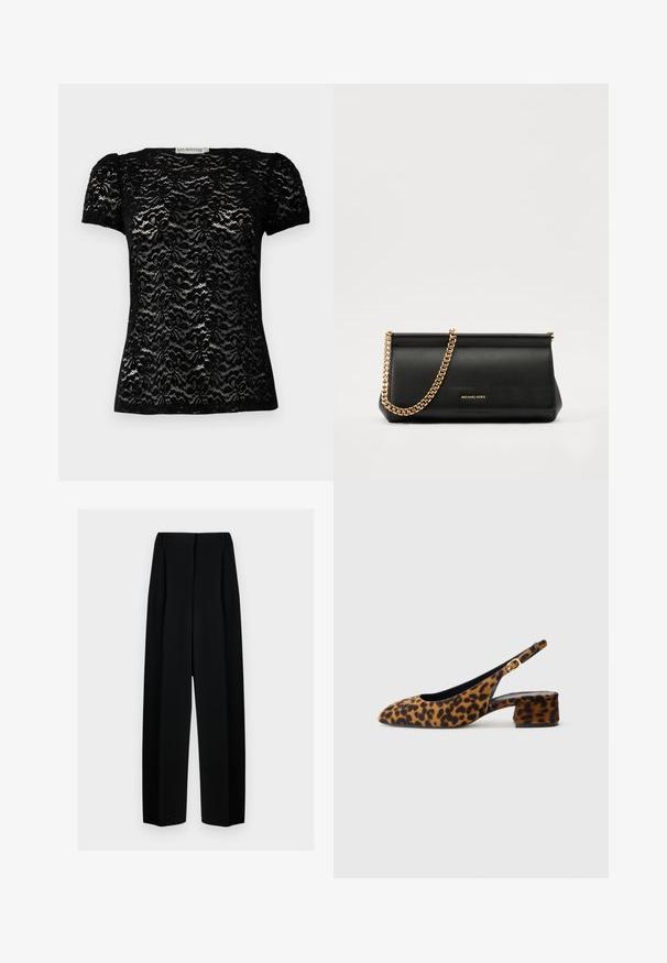 Schwarzes Spitzenoberteil mit kurzen Ärmeln, floralen Muster, Rundhalsausschnitt und leicht gepufften Ärmeln. Glatte Textur mit taillierter Form.; Schwarze weit geschnittene Hosen mit hoher Taille, die Falten und eine glatte Textur aufweisen. Der Stoff wirkt leicht und fällt elegant.; Damen-Slingback-Schuhe mit Leopardenmuster, niedrigem Blockabsatz und goldener Schnalle am Seitenriemen, im Seitenprofil auf einem schlichten Hintergrund dargestellt.; Schwarze Leder-Clutch mit einer goldenen Ketten-Trage, die eine glatte Oberfläche, rechteckige Form und geprägtes Branding auf der Vorderseite aufweist.