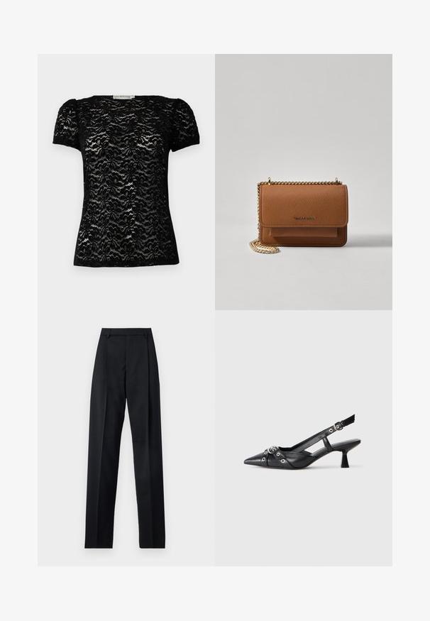 Čierny čipkovaný top s krátkym rukávom, ktorý má kvetinový vzor, okrúhly výstrih a jemne naberané rukávy. Hladká textúra s priliehavým strihom.; Čierne nohavice vyrobené z hladkej látky s vysokým pásom, širokými nohavicami, prednými záhybmi a klasickými pútkami na opasok. Žiadne bočné vrecká nie sú viditeľné.; Čierne kožené slingback topánky s špicatou špičkou, ozdobnými popruhmi s kovovými očkami a nízkym blokovým podpätkom. Textúrovaný povrch.; Hnedá textúrovaná kožená taška cez telo s zlatým reťazovým popruhom a preklopným uzáverom. Predná strana obsahuje detail s logom a vrecko pod preklopkou.