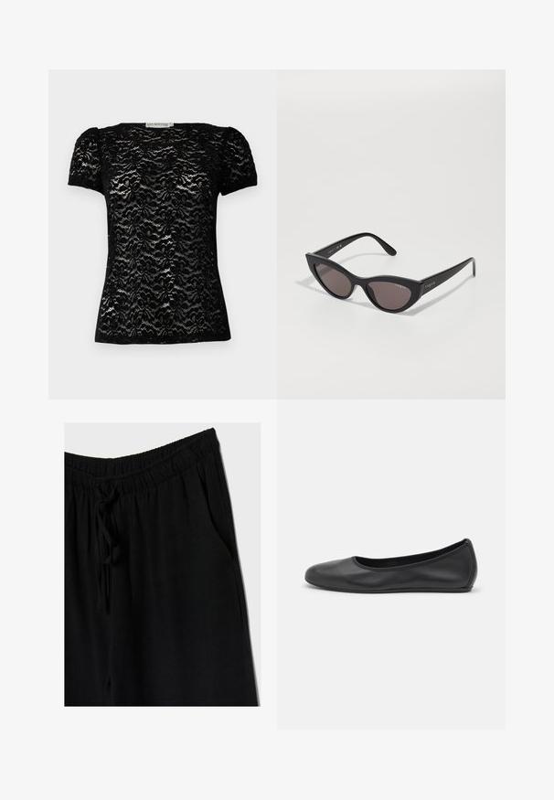 Crna čipkana majica kratkih rukava s cvjetnim uzorkom, okruglim izrezom i lagano napuhanim rukavima. Glatka tekstura s suosjednim oblikom.; Crne hlače s elastičnim pojasom i nastavkom za stezanje, imaju opušteni kroj i bočne džepove. Materijal izgleda mekano i lagano.; Crne kožne baletanke s zaobljenim vrhom, glatke teksture, minimalnim detaljima šavova i fleksibilnim dizajnom potplata.; Mačje naočale s mat crnim okvirom i tamnim lećama, s "vogue" brendom sa strane i prepoznatljivim kutnim oblikom.; MICHAEL Michael Kors LAILA SATCHEL - Ručna torba - brown