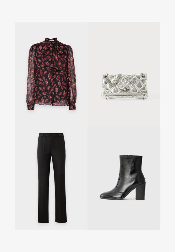 Hofmann Copenhagen NOLA - Blusa com botões - kiss me red; Calças pretas ajustadas com perna reta, dois bolsos frontais, fecho com botão e detalhes de pregas na parte da frente. Textura de tecido suave.; Bota ankle preta em pele com uma textura suave, bico fino e um salto alto robusto. Apresenta uma abertura lateral e um design minimalista.; Bolsa metálica prateada com pega de corrente, textura acolchoada, costura decorativa e fecho com ziper. Apresenta detalhes em relevo na parte frontal.