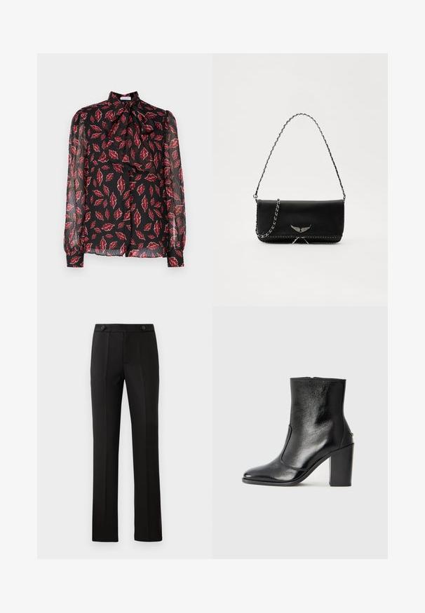 Hofmann Copenhagen NOLA - Πουκαμίσα με κουμπιά - kiss me red; Μαύρο παντελόνι ραμμένο με ίσια γραμμή, δύο μπροστινές τσέπες, κλείσιμο με κουμπί και λεπτομέρειες με πτυχώσεις στο μπροστινό μέρος. Λείο ύφασμα.; Μαύρο δερμάτινο μποτάκι έως τον αστράγαλο με απλή υφή, μυτερή μύτη και χοντρό ψηλό τακούνι. Διαθέτει πλαϊνό άνοιγμα και μινιμαλιστικό σχέδιο.; Μαύρη δερμάτινη τσάντα με ασημένια αλυσίδα, που διαθέτει διακοσμητικά φτερά και λευκή ραφή κατά μήκος της κάτω ραφής.