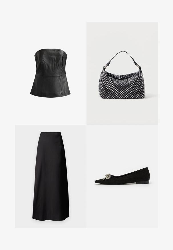 AllSaints IMAGO BODICE - Topp - black; Musthave mustriline elastne seelik sujuva tekstuuriga, kõrge vöökoht, voolav siluett ning nähtavad mustrid või detailid puuduvad.; Must mustast nahkking jalanõud terava varbaga, kaunistatud esiosas dekoratiivse hõbedase paelaga, madala kontsaga.; Mustrah musta ja hõbedane käekott, millel on kootud, tekstureeritud pind ruuduliste mustritega, üks ülemine käepide ja vinge disain.