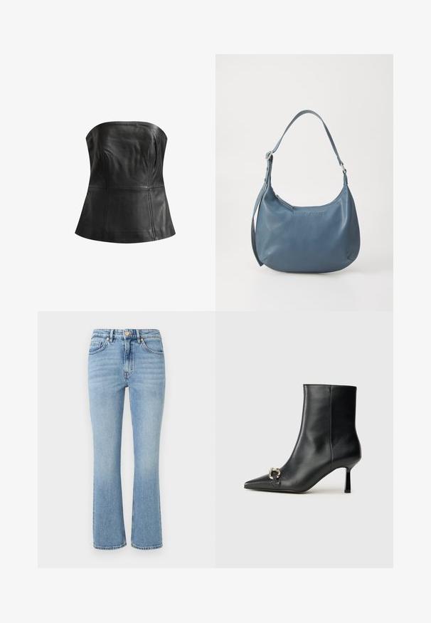 AllSaints IMAGO BODICE - Topper - black; Lyseblå denimjeans med en flagrende design, høy midje, fem lommer og gullhardware. Har en falmet vask og sømdetaljer.; Sorte lær ankle boot med spiss tå, slank mid-høyde hæl og sølvspenne på siden mot en enkel bakgrunn.; Blå lærveske med rund form, enkel skulderreim, glidelås-lukking og preget merkenavn på forsiden. Glatt tekstur.