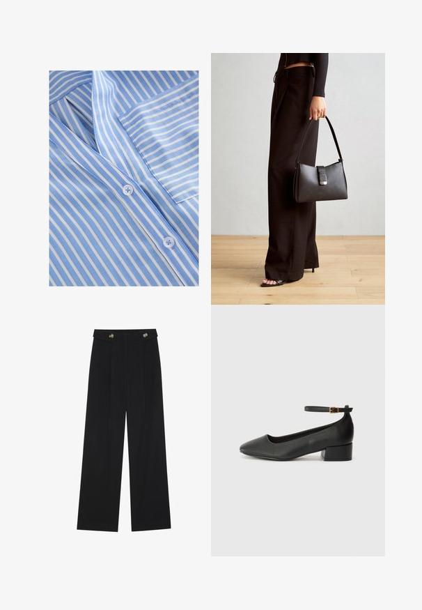 Tessuto a righe blu chiaro e bianco con scollatura a V, chiusura con bottoni e taschino sul petto. Texture liscia e dettagli di cucitura fine.; Pantaloni neri a gamba larga con vita alta, dettagli con bottoni in vita e pieghe frontali.; Pump in pelle nera con punta affusolata e tacco basso a blocco. Presenta una cinghia alla caviglia con una fibbia in tonalità oro. Texture liscia.; Borsa nera con forma strutturata, texture liscia e una chiusura metallica. Abbinata a pantaloni neri larghi e sandali open-toe su un pavimento in legno.