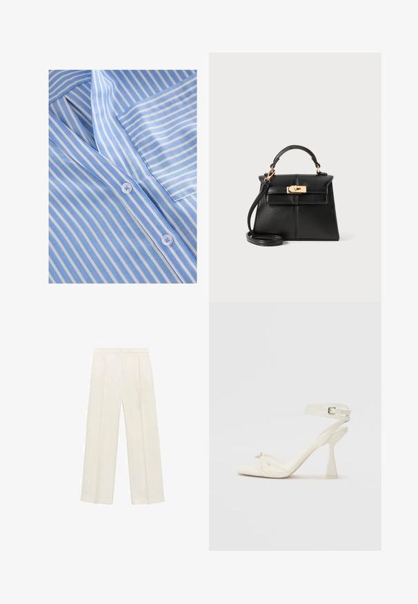 Lichtblauwe en witte gestreepte stof met een V-hals, knoopsluiting en een borstzak. Soepele textuur en fijne stikdetails.; Wijdgevallen broeken in een lichtcrème kleur. Gemaakt van een zachte stof met plooien aan de voorkant en zijzakken.; Strappy hoge hak sandaal in wit leer met een slank ontwerp, een transparante blokhak en een decoratief element bij de teen.; Zwarte leren handtas met een gestructureerd ontwerp, een bovenhandvat, een afneembare schouderriem en hardware in goudkleur op een magnetische sluiting.