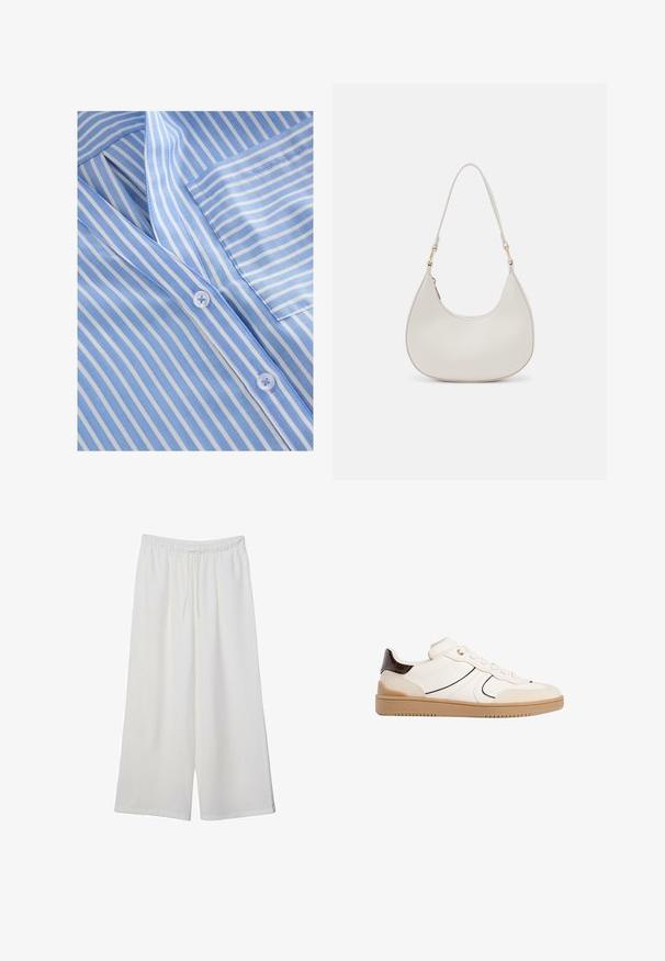 Vaaleansinisiä ja valkoisia raidoitettuja kankaita, joissa on V-pääntie, nappisuljenta ja rintatasku. Sileä pinta ja hienot ompeluyksityiskohdat.; Valkoiset leveälahkeiset housut, jotka on valmistettu kevyestä kankaasta. Niissä on joustava vyötärö ja nauha säädettävää istuvuutta varten. Sileä pinta.; Stradivarius Matalavartiset tennarit - white; Kreemivärvi nahast õlakott, millel on kuu kujuline disain, õhuke rihm ja peened õmblused. Minimalistlik disain koos kuldse tooni metallitöötluse aktsentidega.