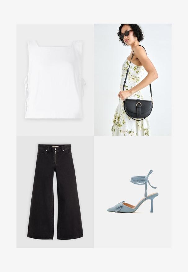 Weißes ärmelloses Oberteil mit quadratischem Ausschnitt, seitlichen Zugbändern zur Anpassung und einer glatten Stoffstruktur.; Schwarze Denim-Jeans mit weitem Bein, Reißverschluss vorne, Fünf-Taschen-Design und dezenten Stickdetails. Glatte Textur und lässiger Stil.; Spitz zulaufender High Heel Schuh aus hellblauem Stoff mit strukturiertem Finish, versehen mit einem Schleifenakzent und einem Knöchelriemen für sicheren Halt.; Schwarze Lederhandtasche mit geschwungener Form, abnehmbarem Tragegurt und goldenen Beschlägen. Die Tasche verfügt über einen Deckel mit einer Schnallen-Details.