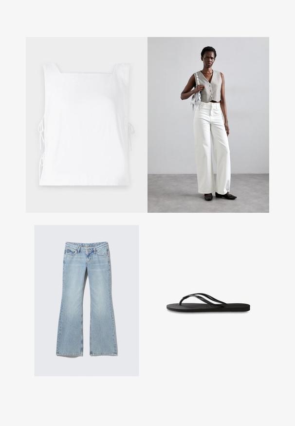 Haut sans manches blanc avec un décolleté carré, cordons sur les côtés pour un ajustement, et une texture de tissu lisse.; Weekday NOVA - Jean slim - lip blue; Tongs noires avec une semelle en caoutchouc texturée, deux fines lanières et un détail de logo embossé subtil sur la lanière.; Un gilet gris court avec des boutons, associé à un pantalon blanc à jambes larges et des chaussures plates noires. Accessoirisé avec un petit sac à franges en argent.