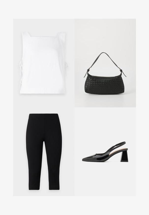 White sleeveless top featuring a square neckline, side drawstrings for adjustment, and a smooth fabric texture.; Black capri leggings made of stretchy material, featuring a snug fit and smooth texture, with no prominent patterns or accents.; Black patent slingback heels with a pointed toe, featuring a unique geometric block heel and a smooth texture. Adjustable strap for support.; Black woven shoulder bag with a smooth leather strap and zipper closure. Features a textured surface and curved shape.; Silver metal earrings with a wavy, sculptural design featuring a polished finish and irregular shapes, highlighting a contemporary aesthetic.