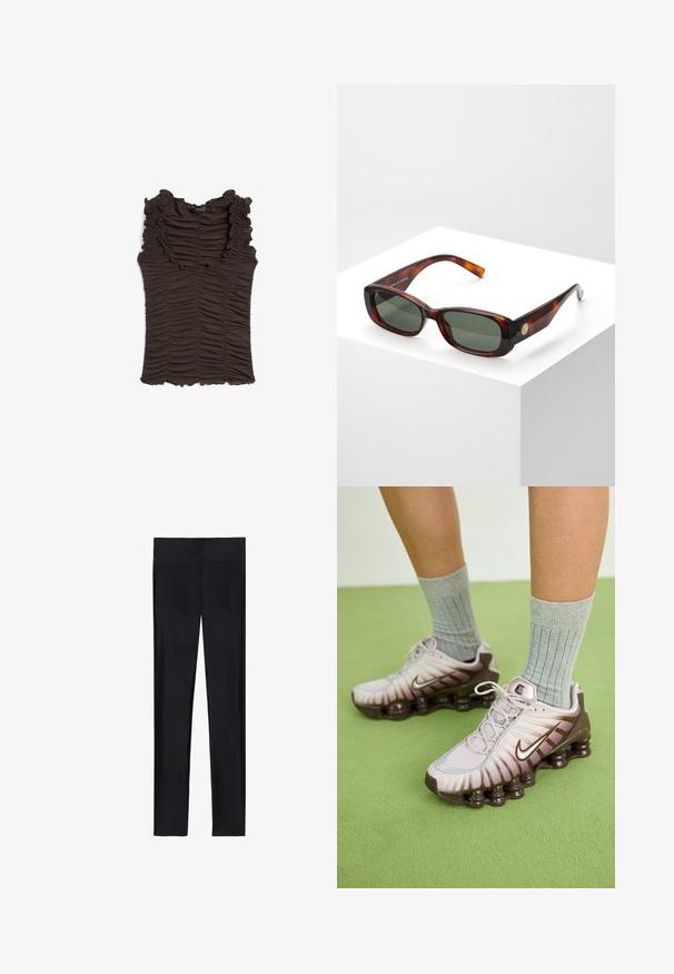 Brun ærmeløs top med flæset halsudskæring og rynket stof hele vejen igennem. Har en tætsiddende silhuet og tekstureret overflade.; Sorte leggings lavet af strækbart stof; har en glat overflade, fuld længde design og en elastisk talje uden synlige sømme.; Nike sneakers i lys pink og brun, med en tekstureret overdel, lagdelt design og en polstret sål med synlige luftenheder.; Skildpadde rektangulære solbriller med grønne linser. Bred stel, glat overflade, guldaccent på siden og slanke stænger.; Brun læder tote bag med to forlængede håndtag, struktureret rektangulær form, glat overflade og subtile syninger.; Guldfarvet kæde med en hummerlås og et lille mærke, der står "PILGRIM." Kæden har en glat, struktureret overflade og et slankt, langstrakt design.