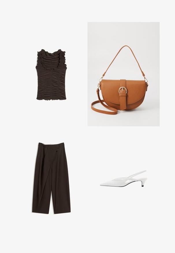 Top marrone senza maniche con scollo arricciato e tessuto arricciato in tutto il capo. Presenta una silhouette aderente e una superficie texturizzata.; Pantaloni a gamba larga marrone scuro con vita alta, dotati di una chiusura con bottone singolo e una parte anteriore plissettata. Realizzati in tessuto leggero.; Décolleté bianco con punta affilata, caratterizzato da una tomaia liscia, sottili aperture e un tacco a blocco basso. La suola nera esalta il design.; Borsa a tracolla in pelle marrone con forma curvata, hardware dorato e un dettaglio con fibbia. Presenta una tracolla rimovibile.