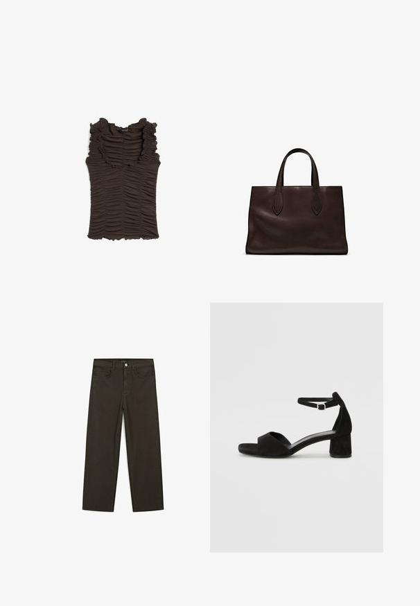Bruine mouwloze top met een ruches halslijn en geplooide stof door het hele kledingstuk. Heeft een aansluitende pasvorm en een gestructureerd oppervlak.; Donkergroene wijde jeans van een katoenmix, met een sluiting met een voorste knop, vijf zakken en klassieke denimstiksels.; Zwarte suede hakken met een dunne enkelband, open teen ontwerp en een bescheiden blokhak. Zachte textuur en minimale accenten.; Bruine leren tote bag met twee verlengde handvatten, gestructureerde rechthoekige vorm, gladde textuur en subtiele stiksels.