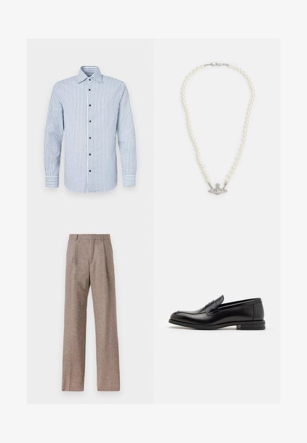 Bluza z dolgimi rokavi v modro-belem navpičnem prugastem vzorcu, ki ima gumbasto zapiranje spredaj, ovratnik in kontrastne prugaste manšete. Iz bombažne tkanine.; Rjave hlače z visokim pasom, izdelane iz teksturirane tkanine. Imajo široke noge in dve sprednji pregibi za strukturo. Urejen zaključek brez vidne strojne opreme.; Črne usnjene loafer čevlje z gladko teksturo, zaobljenim nosom in dekorativnim trakom čez zgornji del. Nizka zložena peta, minimalističen dizajn.; Biserka iz biserov s srebrnim zaponko. Ima okrogle bele bisere in dekorativno središče, okrašeno s kamenčki.
