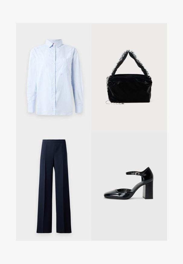 Világoskék, hosszú ujjú, gombos ing, finom függőleges csíkozással és mellzsebbel, fehér háttér előtt bemutatva.; Sötét navy színű, bő szárú nadrág, sima textúrával, enyhe elülső redőkkel és egyenes vonalú siluettel rendelkező, testhez simuló derékkal.; Fekete patent bőr, magas sarkú cipők négyzetes orral, bokapánttal és vastag sarkal. A szélén lyukacsos díszítéssel.; Fekete műbőr kézitáska texturált felülettel, amelyen gyöngyökkel díszített ezüstszínű kiegészítő található a felső fogantyún, valamint láncos pánt.