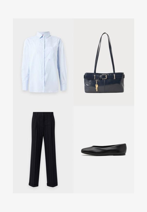 Light blue long-sleeve button-up shirt with subtle vertical stripes and a chest pocket, displayed against a white background.; Black pinstriped trousers with a tailored fit, featuring a cuffed hem and front pleats. Made of smooth fabric with a structured design.; Paul Smith TOPANGA - Ballet pumps - black; Navy leather handbag with two long handles, a buckle detail, and a keychain attached. Features a smooth texture and a rectangular shape.