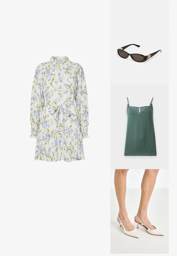 Top verde sin mangas con correas ajustables delgadas, escote en V, textura suave y corte relajado, hecho de tejido ligero.; Vestido floral en blanco con flores azules y verdes, con cuello, cierre frontal de botones, mangas largas con puños elásticos y cinturón a la cintura.; Tacones slingback de charol beige con punta afilada y un tacón de 5 cm, con lados recortados y una delgada correa en el tobillo.; Gafas de sol carey con lentes ovalados alargados, tintado marrón, acentos de logo dorado en las patillas y brazos negros elegantes.; Bolso de mano beige con un patrón y forma curva, acentos de cuero y un logo tono dorado en la parte frontal. Cuenta con un asa corta para un fácil transporte.