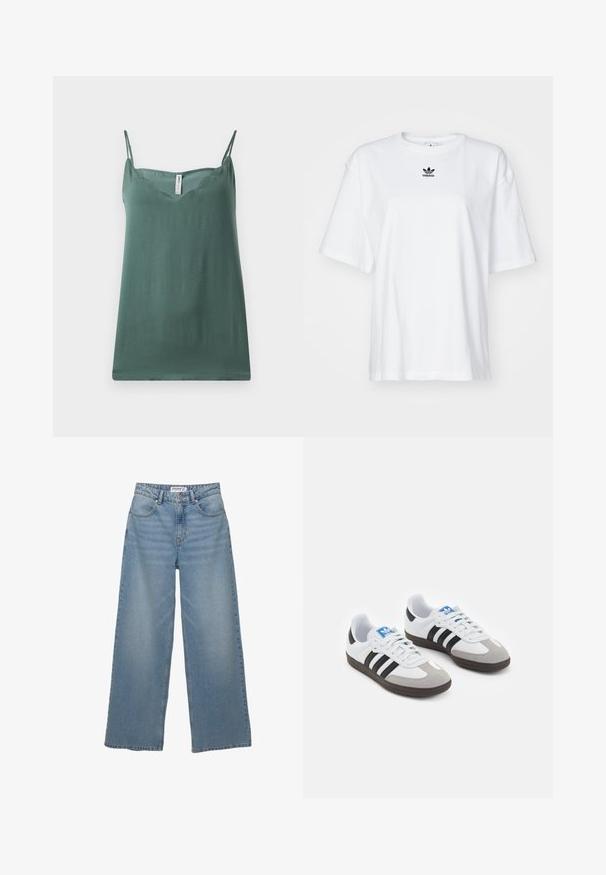 Zelena brezrokavna majica z tankimi nastavljivimi naramnicami, V-izrezom, gladko teksturo in sproščenim krojem, narejena iz lahkotnega materiala.; Bela kratka majica s kratkimi rokavi iz bombaža. Ima krožni ovratnik in majhen črn Adidasov logotip na prsih. Ravna podoba.; Svetlo modri široki jeans iz denima. Ima visok pas, pet žepov in ravno kroj z minimalnim bledenjem.; Športni čevlji z belim usnjenim zgornjim delom, sivim semišem na prstih in tremi črnimi črtami. Imajo modro logo na jeziku in teksturiran gumijast podplat.
