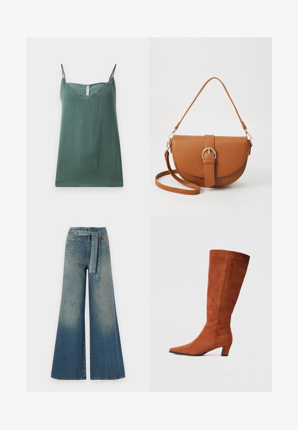 Top verde senza maniche con sottili spalline regolabili, scollatura a V, texture liscia e vestibilità rilassata, realizzato in tessuto leggero.; Pantaloni in denim a gamba larga con una sfumatura che va dal blu chiaro al blu scuro, vita alta, passanti per cintura e una cintura in tessuto coordinato. Finitura in denim strutturato.; Stivale marrone in suede alto fino al ginocchio con punta affusolata e tacco a blocco piccolo, caratterizzato da una superficie liscia e un design minimalista.; Borsa a tracolla in pelle marrone con forma curvata, hardware dorato e un dettaglio con fibbia. Presenta una tracolla rimovibile.