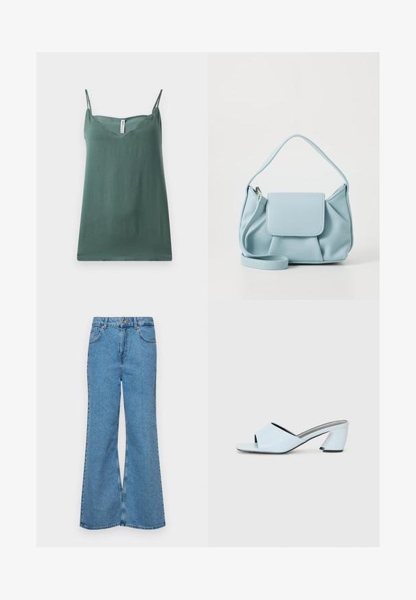 Zaļš bez piedurknēm tops ar plānām regulējamām siksnām, V veida kakla izgriezumu, gludu tekstūru un brīvu piegriezumu, izgatavots no viegla auduma.; Gaiši zili, platā piegriezuma džinsi, kas izgatavoti no denima, ar augstu jostasvietu, piecām kabatām un vienu pogu. Mīksta tekstūra ar nolietotu apdari.; Gaiši zilas atvērtā purngala papēžu mūlas ar ģeometrisku dizainu, kas ietver platu siksnu pāri pēdai un masīvu, stūrainu papēdi.; Gaiši zila ādas rokassoma ar augšējo rokturi, priekšējo vāku kabatu un noņemamu roku siksniņu uz baltas fona.