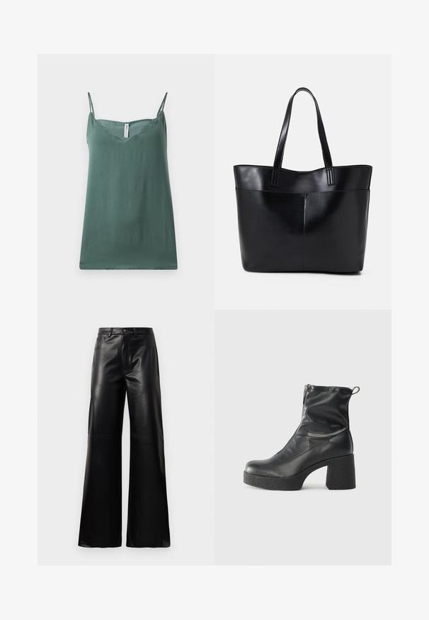 Haut sans manches vert avec de fines bretelles réglables, un décolleté en V, une texture lisse et une coupe décontractée, fabriqué à partir d'un tissu léger.; Pantalons larges en faux cuir noire taille haute avec bouton avant, fermeture éclair, passants de ceinture et poches latérales sur fond blanc.; Bottes noires à la cheville en cuir lisse, dotées d'une fermeture éclair sur le côté, d'un talon épais texturé et d'une conception à bout rond.; Sac fourre-tout en cuir noir avec deux longues poignées, une texture lisse et une forme structurée. Dispose d'une poche avant pour un rangement supplémentaire.