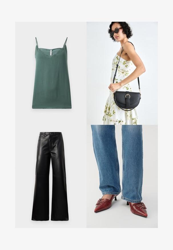 Zelena brezrokavna majica z tankimi nastavljivimi naramnicami, V-izrezom, gladko teksturo in sproščenim krojem, narejena iz lahkotnega materiala.; Črne široke hlače iz umetnega usnja z visokim pasom, sprednjim gumbom, zadrgo, zanke za pas in stranskimi žepi na beli podlagi.; Rdeče usnjene čevlje s koničastim prstom in majhnim peto, okrašene s horizontalnim šivom in dvema srebrnima zaponkama, nosi s modrimi kavbojkami.; Črna usnjena torbica s ukrivljeno obliko, z odstranljivo naramnico in zlatimi dodatki. Torbica ima pokrov s podrobnostmi v obliki zaponke.