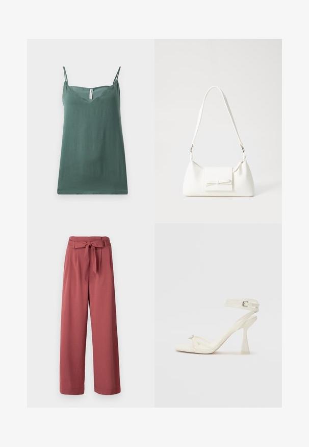 Grønn ermeløs topp med tynne justerbare stropper, V-hals, glatt tekstur og en avslappet passform, laget av lett stoff.; Vide benbukser i støvet rosa farge, laget av et mykt stoff, med en knyttet belte i livet og sidelommer.; Høyhælte sandaler med stropp i hvitt lær, med et stilrent design, gjennomsiktig blokkhæl og et dekorativt element ved tåen.; Hvit syntetisk håndveske med trekantet form, flat klaff foran og sløyfe detaljer, justerbar stropp, glatt tekstur og minimalistisk design.