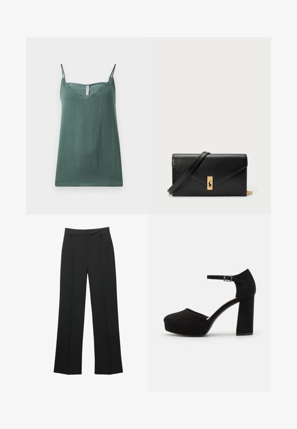 Zelený bezrukávový top s tenkými nastavitelnými ramínky, výstřihem do V, hladkou texturou a volným střihem, vyrobený z lehkého materiálu.; Černé kalhoty s vysokým pasem a širokými nohavicemi, s poutky na opasek a detailem předního švu, umístěné na bílém pozadí.; Černé zamšové platformové podpatky s širokým blokovým podpatkem, zaoblenou špičkou a kotníkovým páskem, který je zajištěn kovovou sponou. Hladký povrch po celém obvodu.; Černá kožená peněženka s překlopným víkem, zlatými prvky a logem. Obsahuje odnímatelný popruh pro nošení.