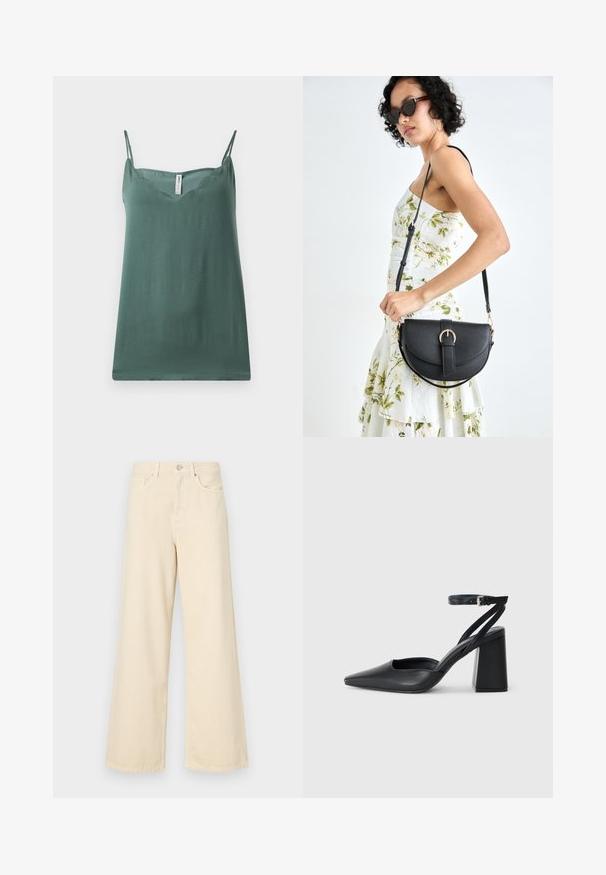 Groene mouwloze top met dunne verstelbare bandjes, een V-hals, een gladde textuur en een relaxte pasvorm, gemaakt van lichtgewicht stof.; Beige wijde jeans gemaakt van katoen. Voorzien van een knoopsluiting, riemlussen en voorzakken met een gladde, zachte textuur.; Zwarte leren puntige pump met een enkelbandje en een chunky hak. Vlakke textuur, strakke vormgeving en minimalistische esthetiek.; Zwarte leren handtas met een gebogen vorm, afneembare schouderband en gouden hardware. De tas heeft een klep met een gespsluiting.