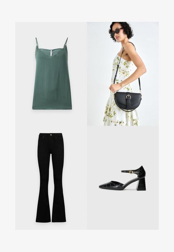 Top verde sin mangas con correas ajustables delgadas, escote en V, textura suave y corte relajado, hecho de tejido ligero.; Jeans negros de cintura alta con cierre de botón y cremallera, bolsillos frontales y piernas acampanadas, dispuestos sobre un fondo blanco.; Zapato de tacón alto de charol negro con punta afilada, tira en el tobillo y patrón texturizado de cocodrilo. Diseño de tacón cuadrado.; Bolso de piel negra con forma curva, correa desmontable y herrajes dorados. El bolso cuenta con una solapa con un detalle de hebilla.