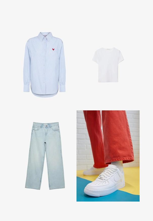 Modro-bílý pruhovaný dlouhý rukáv košile vyrobená z bavlny, s knoflíkovou légou a výšivkou červeného srdce na levé části hrudi.; Bílá tričko s krátkým rukávem vyrobené z měkké látky. Má kulatý výstřih a jednoduchý, čistý design s rovnou spodní částí.; Světlé modré široké džínové kalhoty s vysokým pasem, pěti kapsami a jemným vyblednutím. Rovný střih s lemem.; Bílé kožené tenisky s perforovanou špičkou, texturovanou podešví a bílými tkaničkami, v kombinaci s širokými červenými kalhotami a modro-žlutým pozadím.