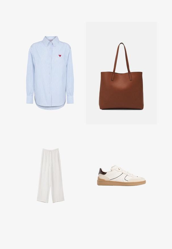 Blue and white striped long-sleeve shirt made of cotton, featuring a button closure and red heart embroidery on the left chest.; White wide-leg trousers made from a lightweight fabric. Features an elastic waistband with a drawstring and side pockets. Smooth texture.; Stradivarius Trainers - white; Brown leather tote bag with a smooth texture, open top design, and two shoulder straps. Features minimal stitching and no visible hardware.