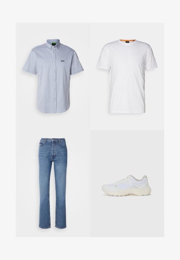 Īsām piedurknēm pogājama krekls gaiši zilā audumā ar teksturētu rakstu, kuram uz krūškurvja ir melns izšūts "BOSS" logo.; Balta kokvilnas T-krekls ar apaļu kakla izgriezumu, īsām piedurknēm un nemanāmu reljefa logo uz krūšu daļas. Iekšējā birka ar oranžu akcentu.; Zilā denima bikses ar augstu jostasvietu, taisnas kājas dizainu un vieglu nolietojumu. Satur klasisku piecu kabatu stilu un ar rāvējslēdzēju aizdari.; Baltas sporta apavi, kas izgatavoti no sieta un zamšāda, ar teksturētu starpzoli, teksturētām akcentēm un "HUGO" logo sānos.