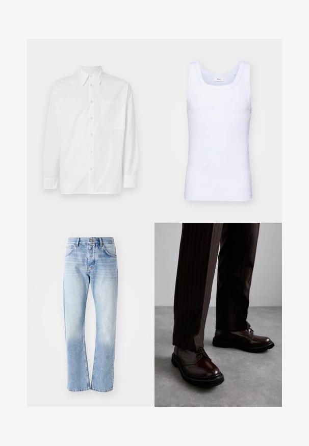 Fehér, hosszú ujjú pamut ing. Klasszikus gallérral, elöl gombos záródással és egyetlen zsebbel a bal oldalon.; Fehér pamut ujjatlan trikó kerek nyakkivágással, sima textúrával és testhezálló fazonnal, amelyet hétköznapi viseletre terveztek.; Világoskék farmernadrág egyenes szára. Öt zsebbel, gombos záródással és a szár alján halványos textúrával rendelkezik.; Barna bőrből készült, fényezett felületű, fűzős cipők, fekete gumitalppal és diszkrét varrásokkal. Csíkos barna nadrággal viselve.