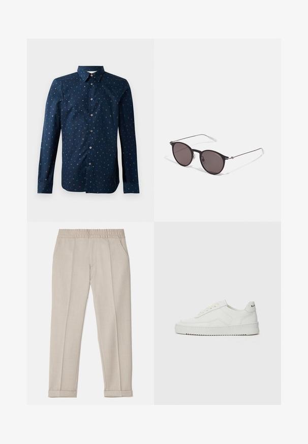 Marineblå skjorte med knapper, med et fargerikt bokstavmønster, lange ermer og klassisk krage, i vanlig passform og glatt tekstur.; Filippa K TERRY CROPPED TROUSERS - Bukse - sage melange; Hvite lærersneakers med en jevn overflate, rund tå, flate lisser og en teksturert såle. Har en subtil logo på hælen.; Sorte, runde solbriller med mørke linser og slanke metalarmer. Inkluderer klare temple tips og sølvfargede detaljer ved hengslet. Minimalistisk design.